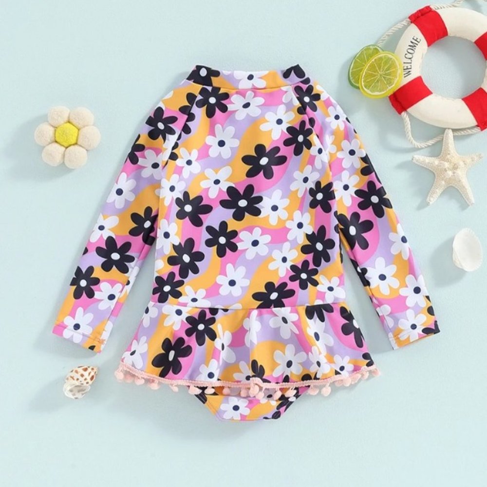 Girls Floral Long Sleeve Swimsuit Bathing Suit